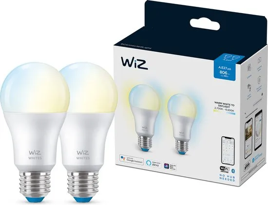 WiZ Lamp 2 pack Slimme LED Verlichting - Warm- tot Koelwit Licht - E27 - 60W - Mat - Wi-Fi